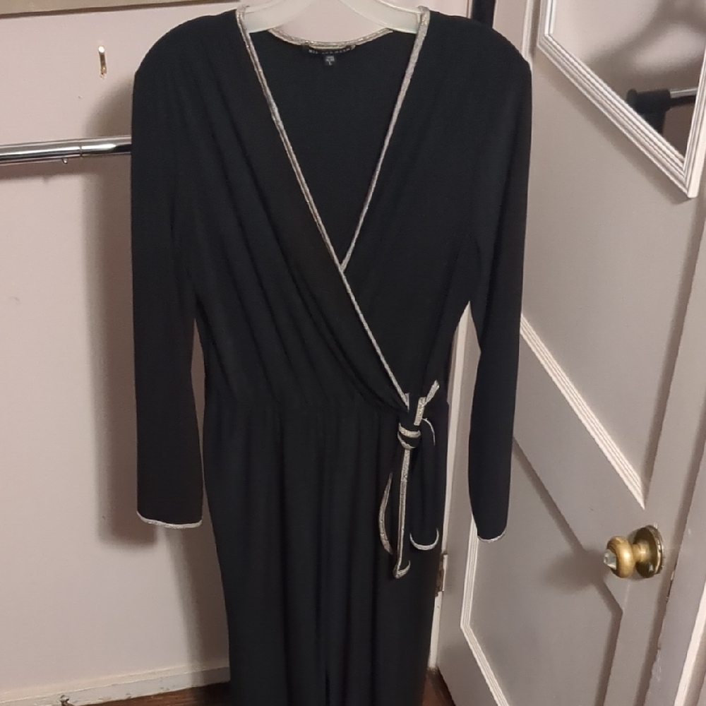 Elegant Black Long-Sleeve Wrap Jumpsuit with Gold Trim